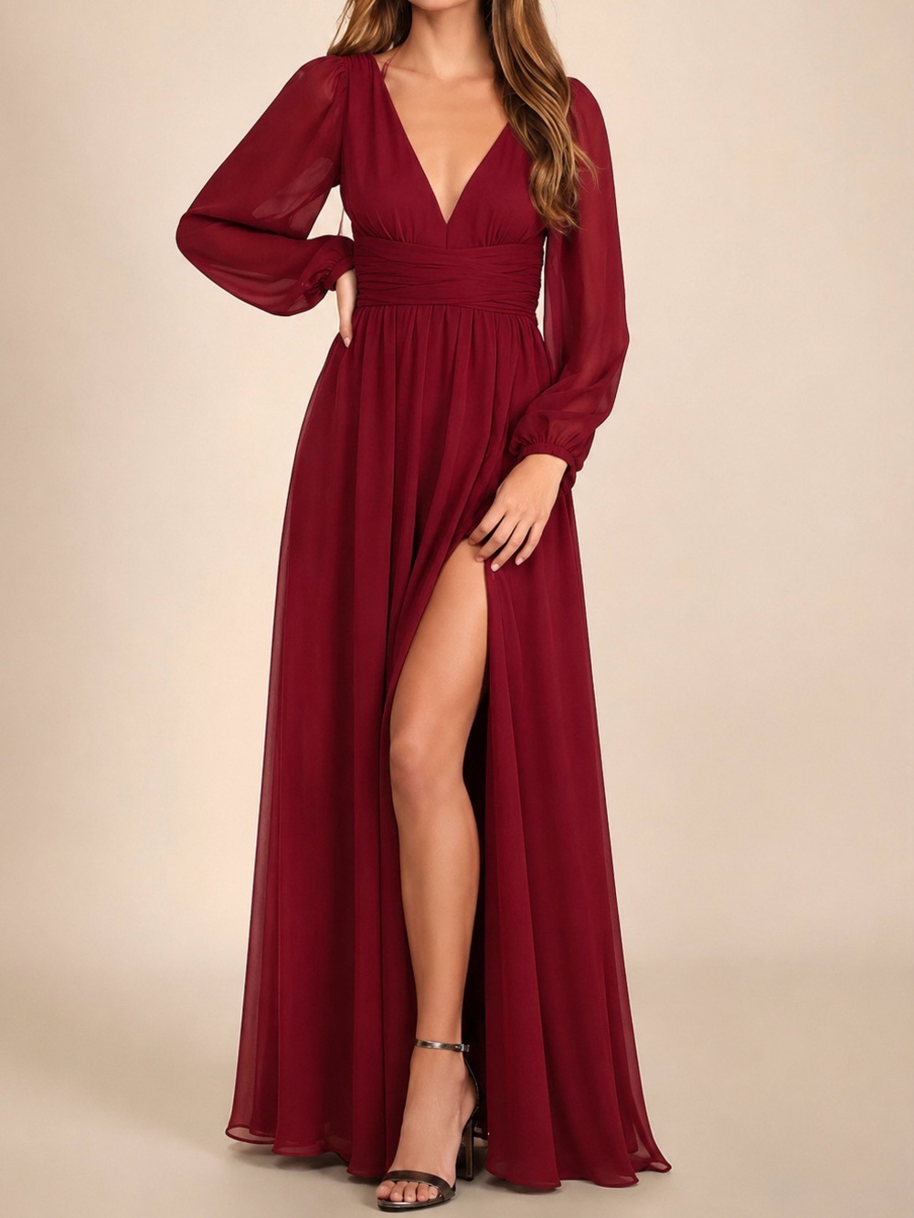 Lulus Burgundy Long Sleeves V Neckline Slit Maxi Prom Formal Dress Small